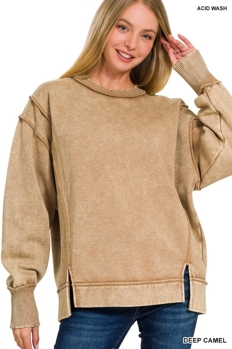 Acid Wash Exposed-seam Fleece Sweatshirt: LT OLIVE / 2-2-2 (S-M-L)