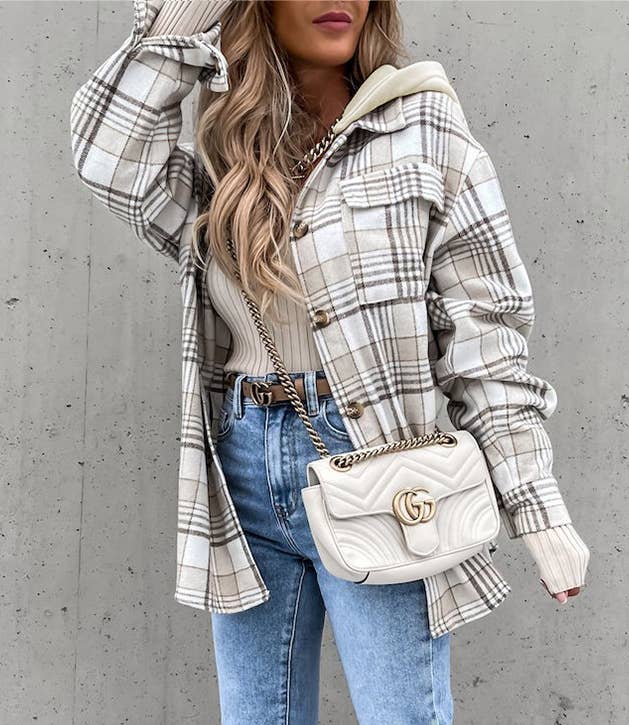 Hooded shacket loose plaid shirt jacket: Gray / XL