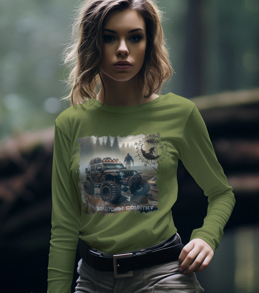 Rustic Bigfoot Jeepin Squatchin' Country t-shirt: Military green / Med / Long sleeve