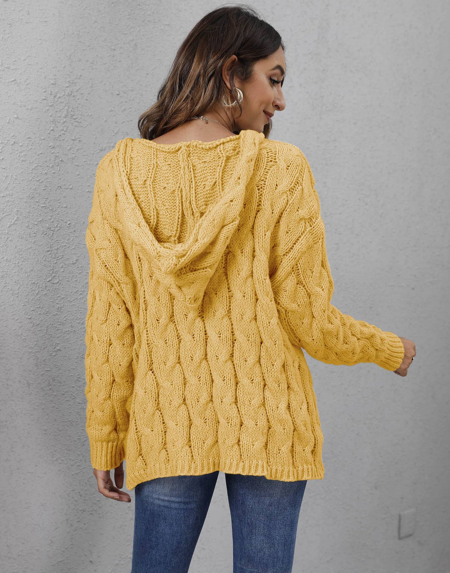 Thick twist knit V-neck hooded pullover sweater: Yellow / (S) 1