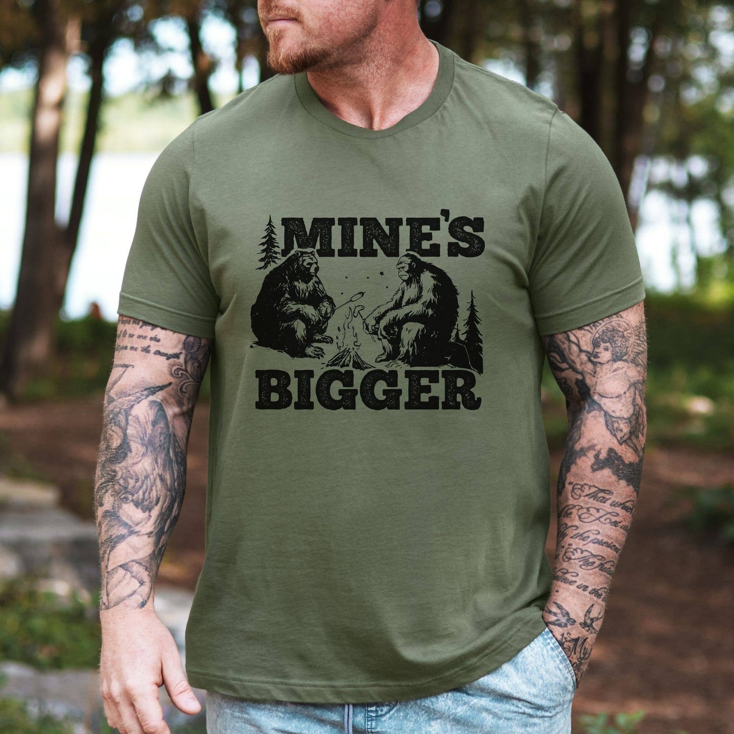 Mine’s Bigger Campfire Graphic Tee 291: Gildan Softstyle / Military / L
