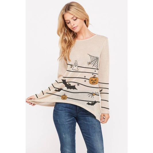 Halloween knit long sleeve side tail top: KHAKI / S