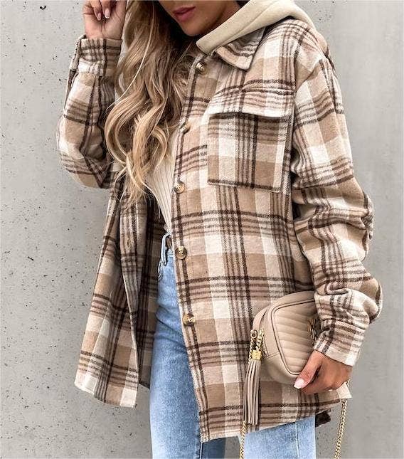 Hooded shacket loose plaid shirt jacket: Gray / XL