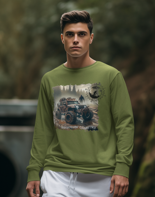 Rustic Bigfoot Jeepin Squatchin' Country t-shirt: Military green / 3X / Long sleeve
