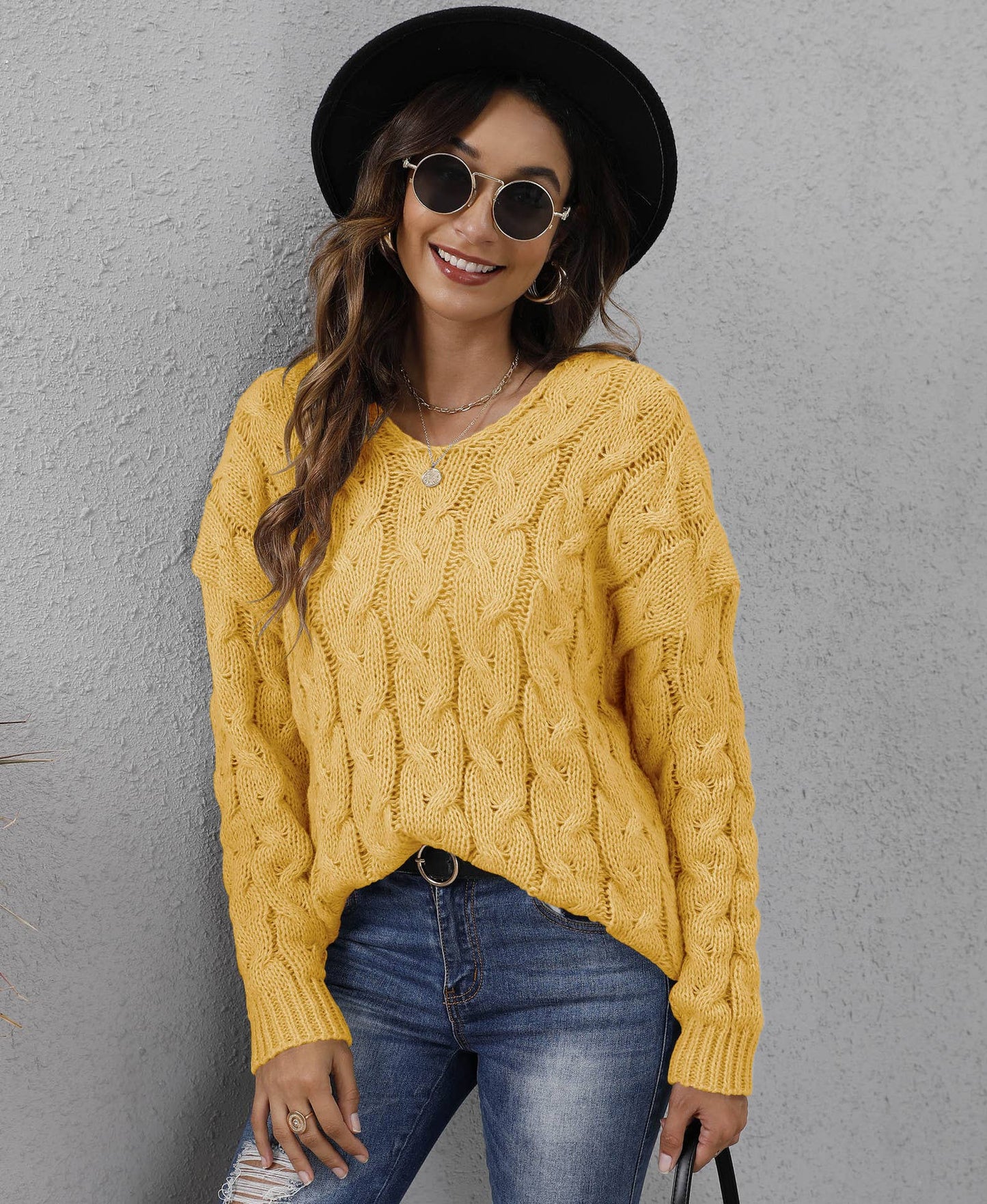 Thick twist knit V-neck hooded pullover sweater: Yellow / (S) 1