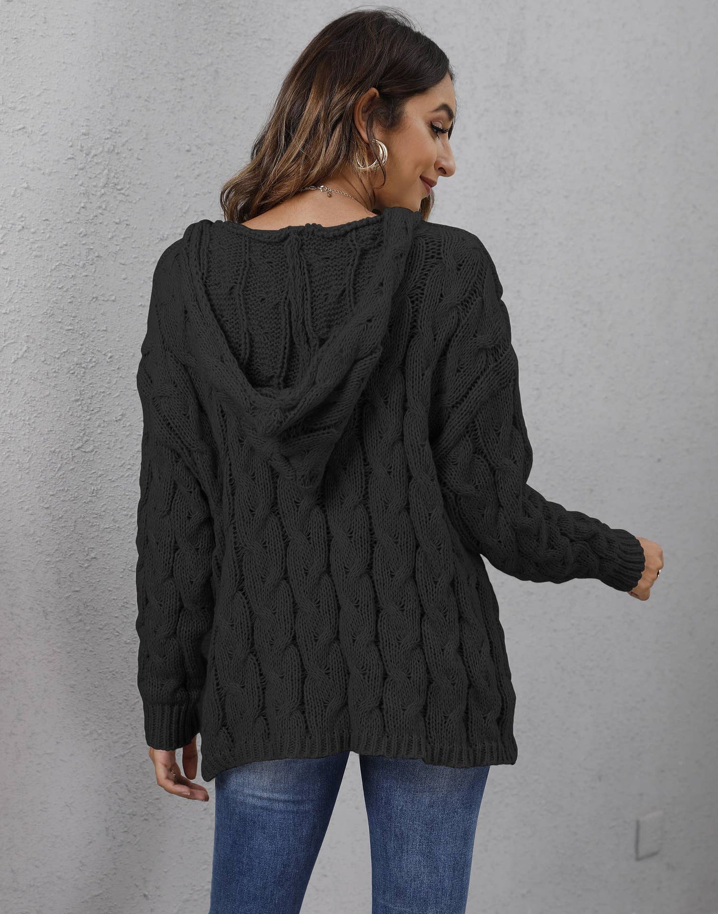 Thick twist knit V-neck hooded pullover sweater: WINE / (L) 1