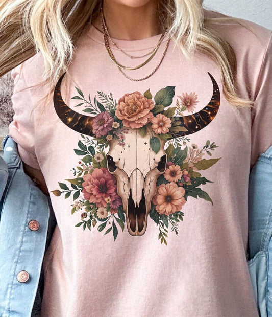 Floral Boho Cow Skull Tee Country Western Cow Skull Tshirt: Peach / Xlarge