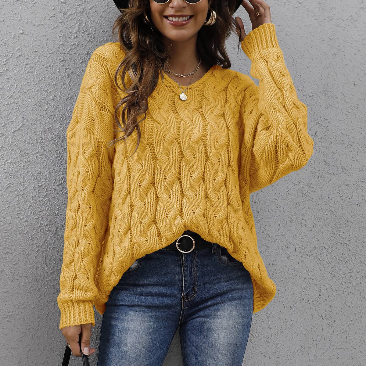 Thick twist knit V-neck hooded pullover sweater: Yellow / (S) 1