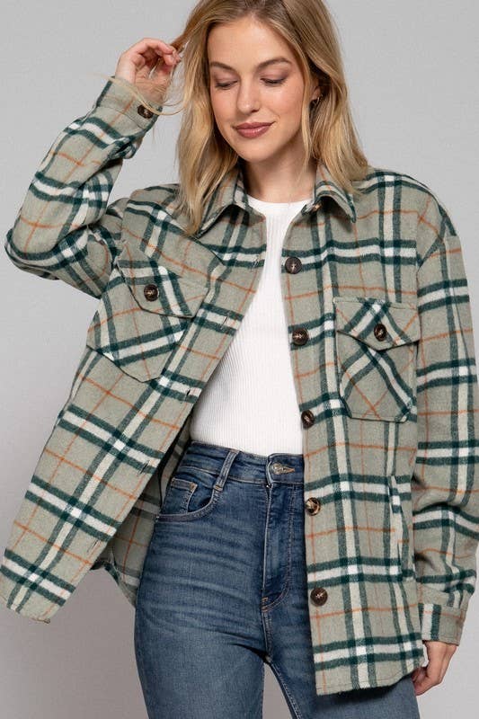 Long Slv Wool Blend Plaid Jacket: PINK/KHAKI / 1-1-1 (S-M-L)