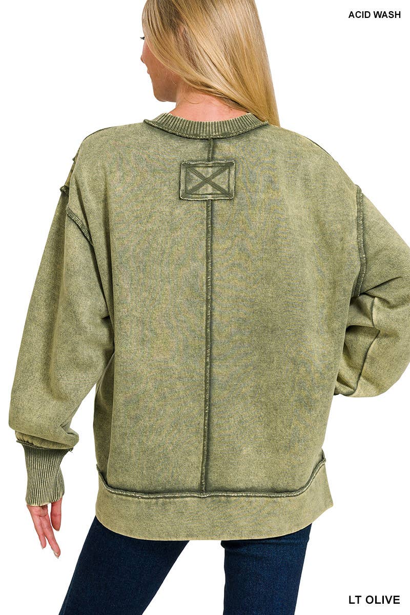 Acid Wash Exposed-seam Fleece Sweatshirt: LT OLIVE / 2-2-2 (S-M-L)