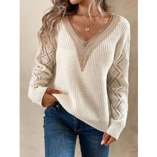 CWOSWL1370_V-Neck Casual Long Sleeve Pullover Sweater: IVORY / (M) 1