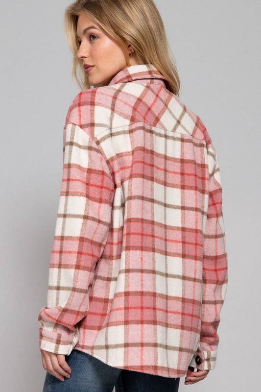 Long Slv Wool Blend Plaid Jacket: PINK/KHAKI / 1-1-1 (S-M-L)