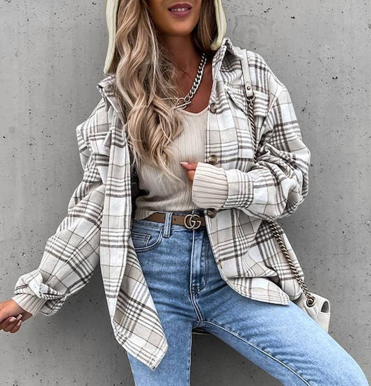 Hooded shacket loose plaid shirt jacket: Gray / XL