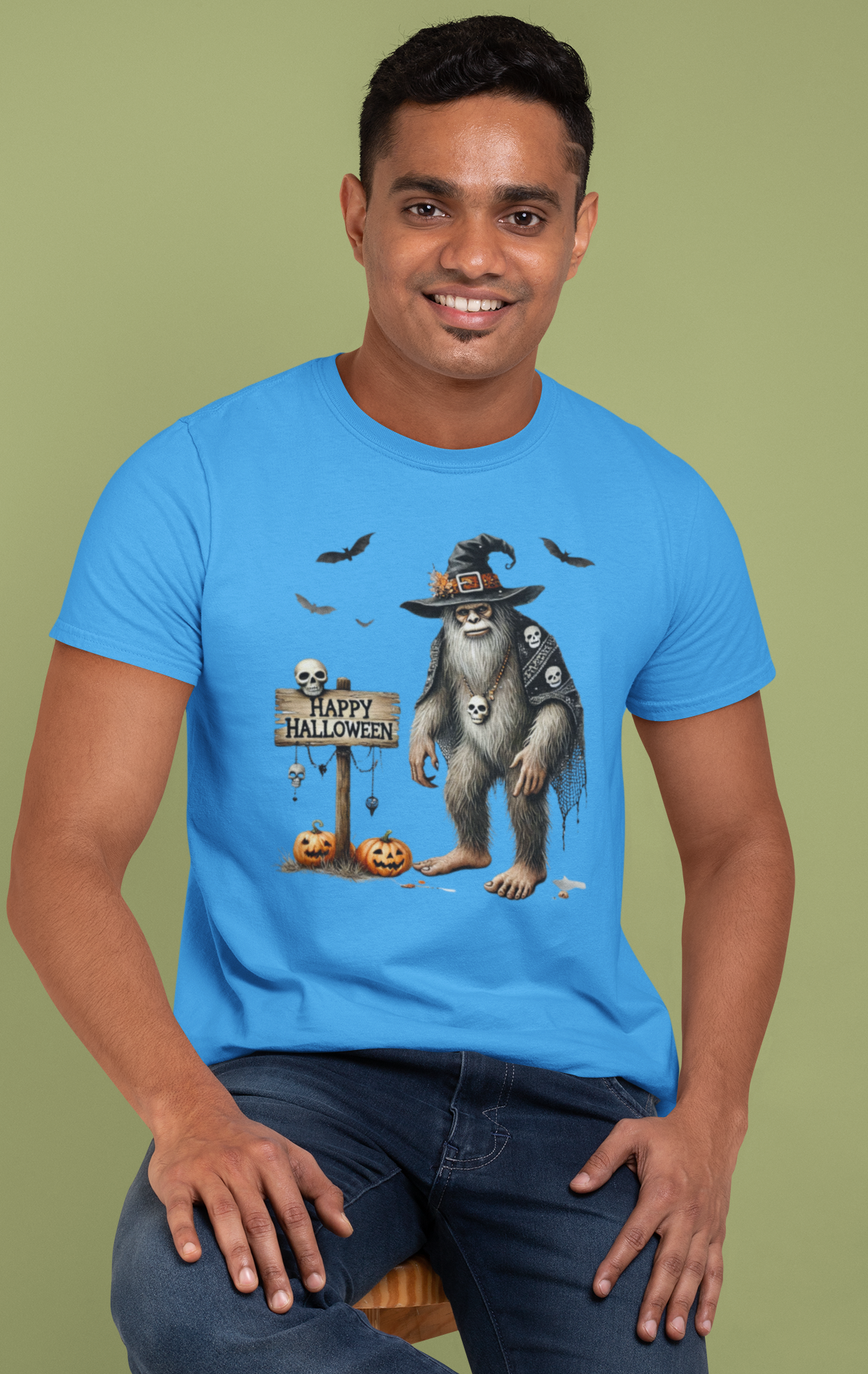 Witch Bigfoot Halloween tshirt (blue): XL