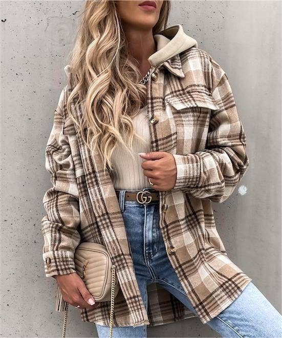 Hooded shacket loose plaid shirt jacket: Gray / XL