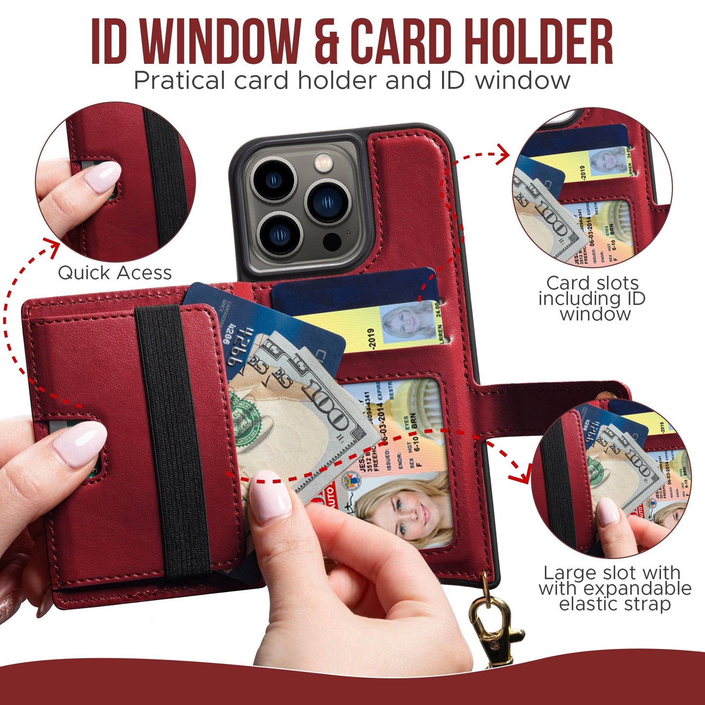 IPhone 13 - Crossbody Cell Phone Faux Leather Wallet w/Credi: Burgundy