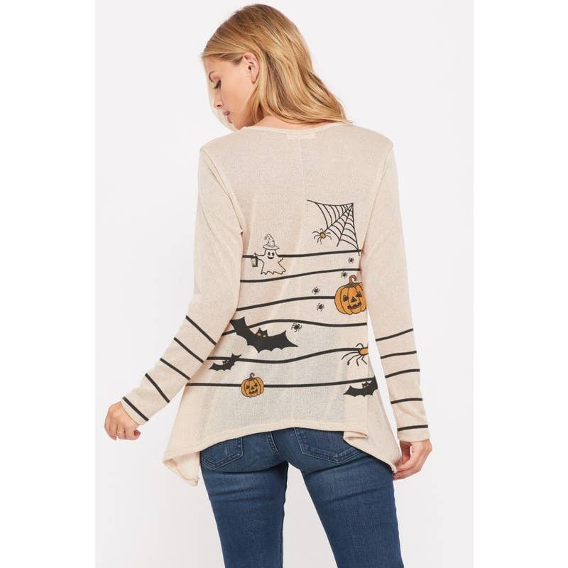 Halloween knit long sleeve side tail top: KHAKI / L