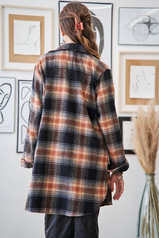 Plus Size Button Down Flannel Shacket: RUST / 2-2-2 (1XL-2XL-3XL)