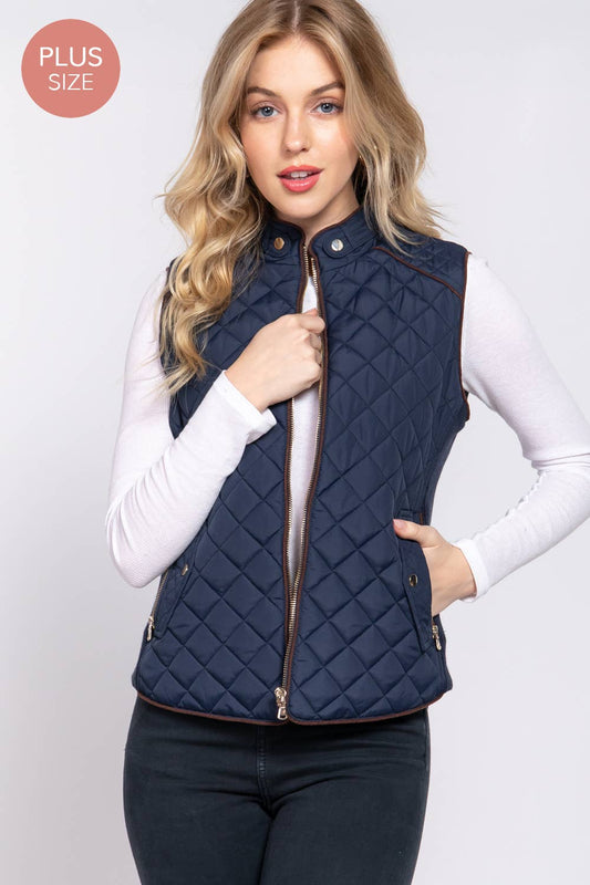 Suede Piping Quilted Padding Vest: NVY-navy / 1XL