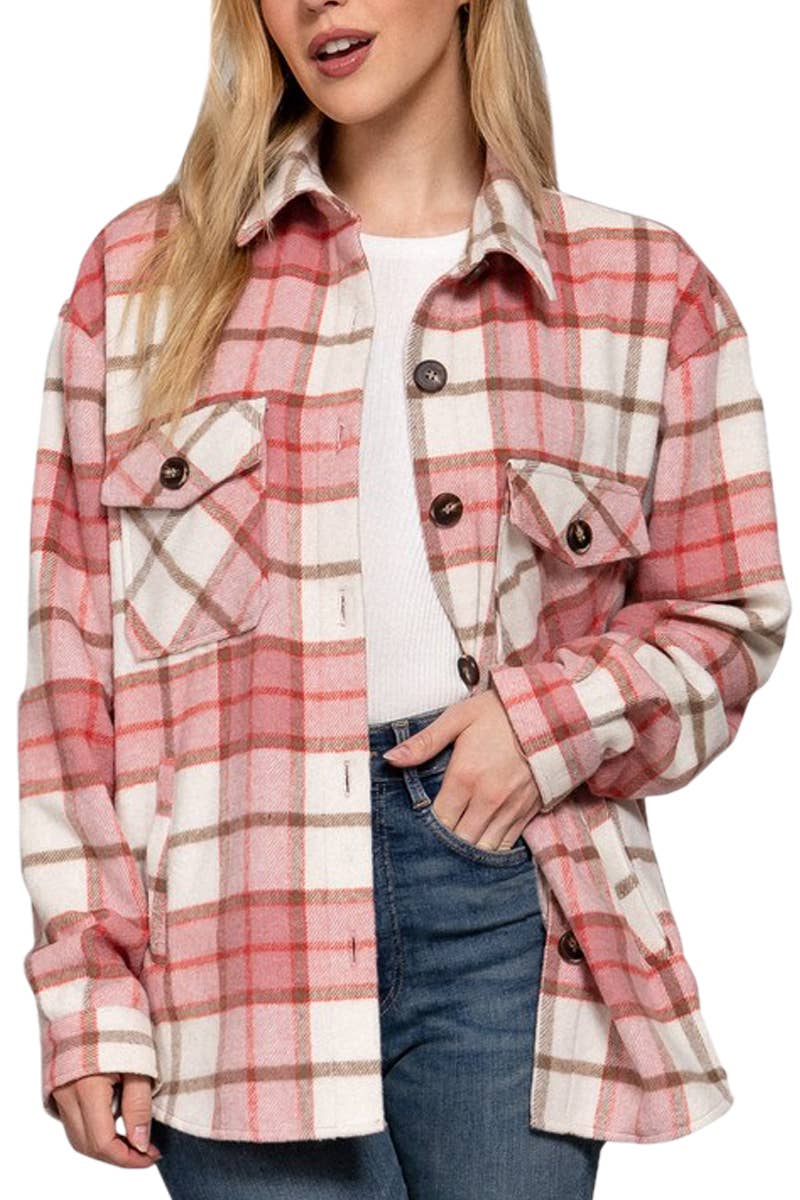 Long Slv Wool Blend Plaid Jacket: PINK/KHAKI / 1-1-1 (S-M-L)