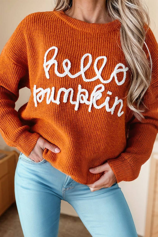 Graphic * Hello Pumpkin Letter Knit Sweater | S-2XL: As shown / Missy / M