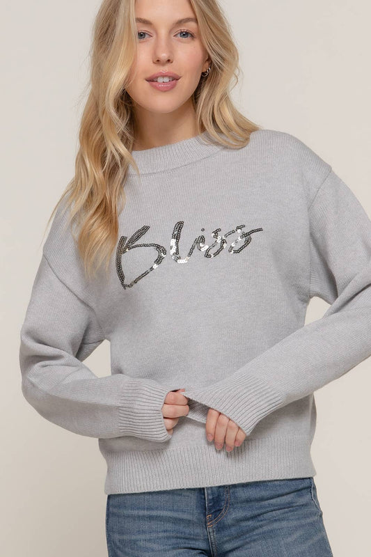 Long Sleeve Mock Neck Sequin Graphic Pullover Sweater: HGY-h grey / L