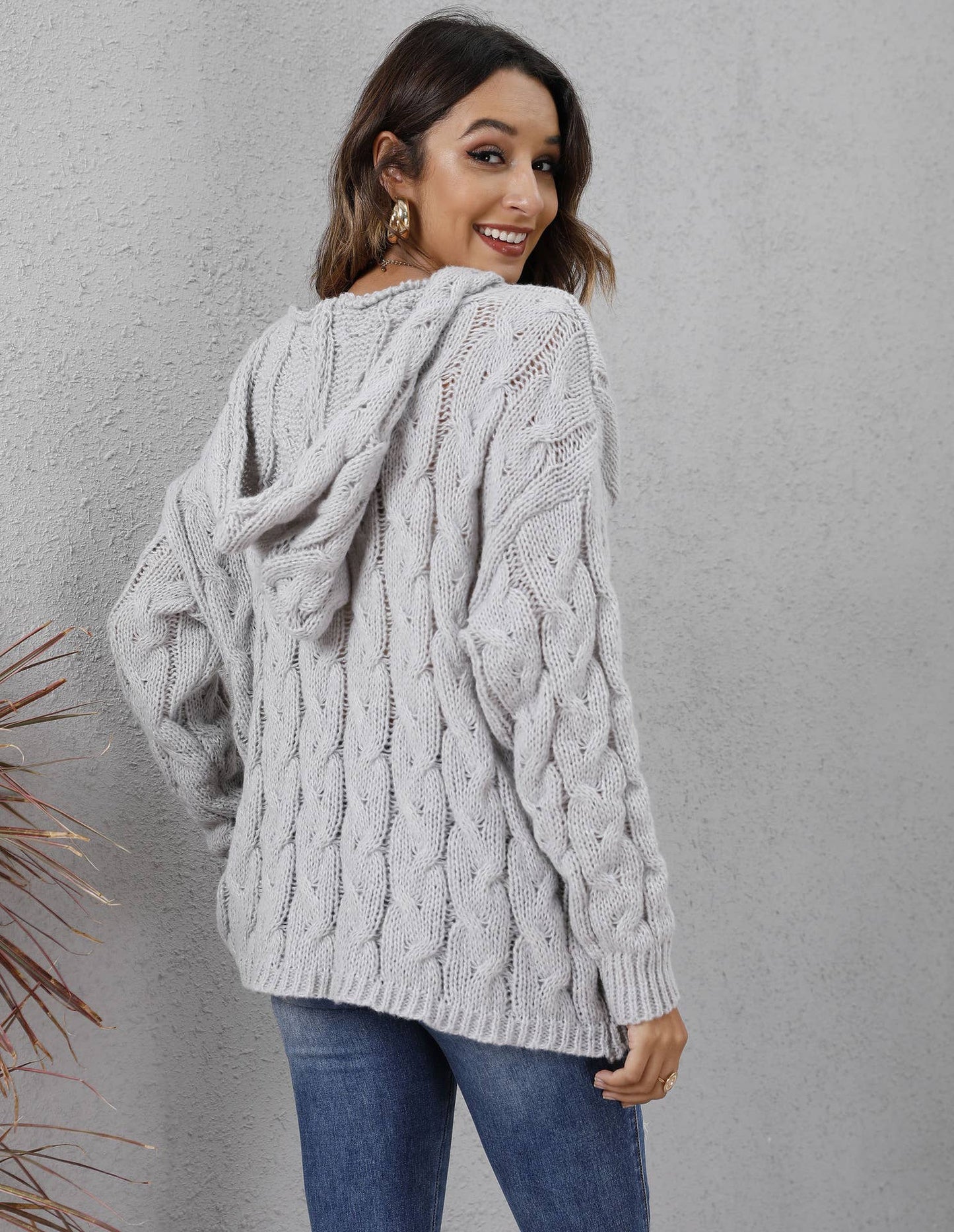 Thick twist knit V-neck hooded pullover sweater: WINE / (S) 1