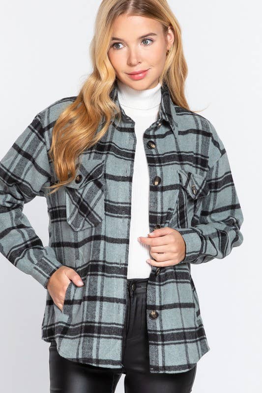 Long Slv Wool Blend Plaid Jacket: PINK/KHAKI / 1-1-1 (S-M-L)