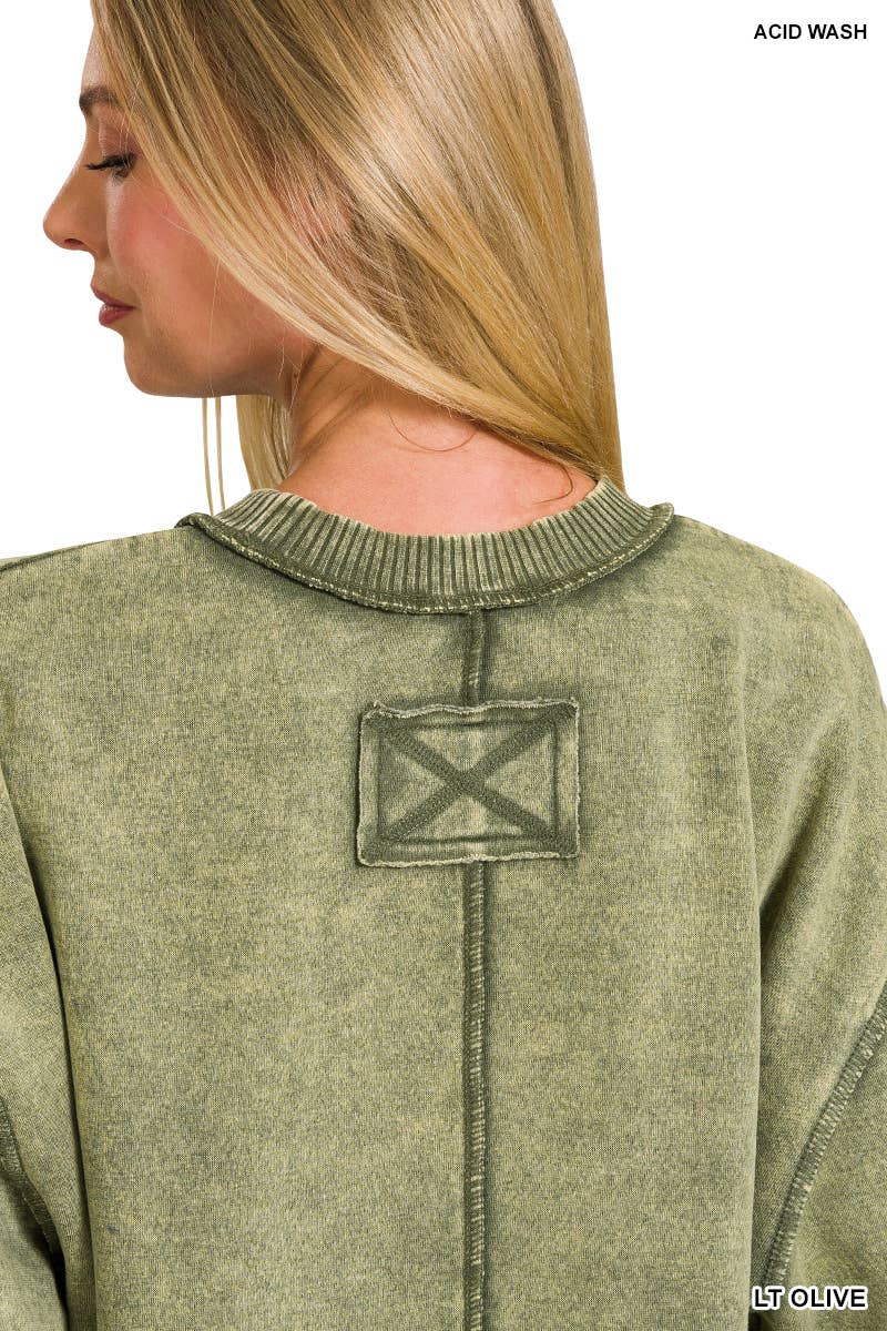 Acid Wash Exposed-seam Fleece Sweatshirt: LT OLIVE / 2-2-2 (S-M-L)