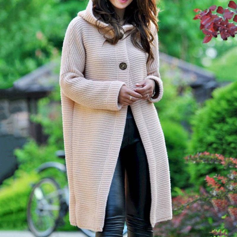 Button Hooded Solid Color Sweater Coat Cardigan NG5135: Green / L