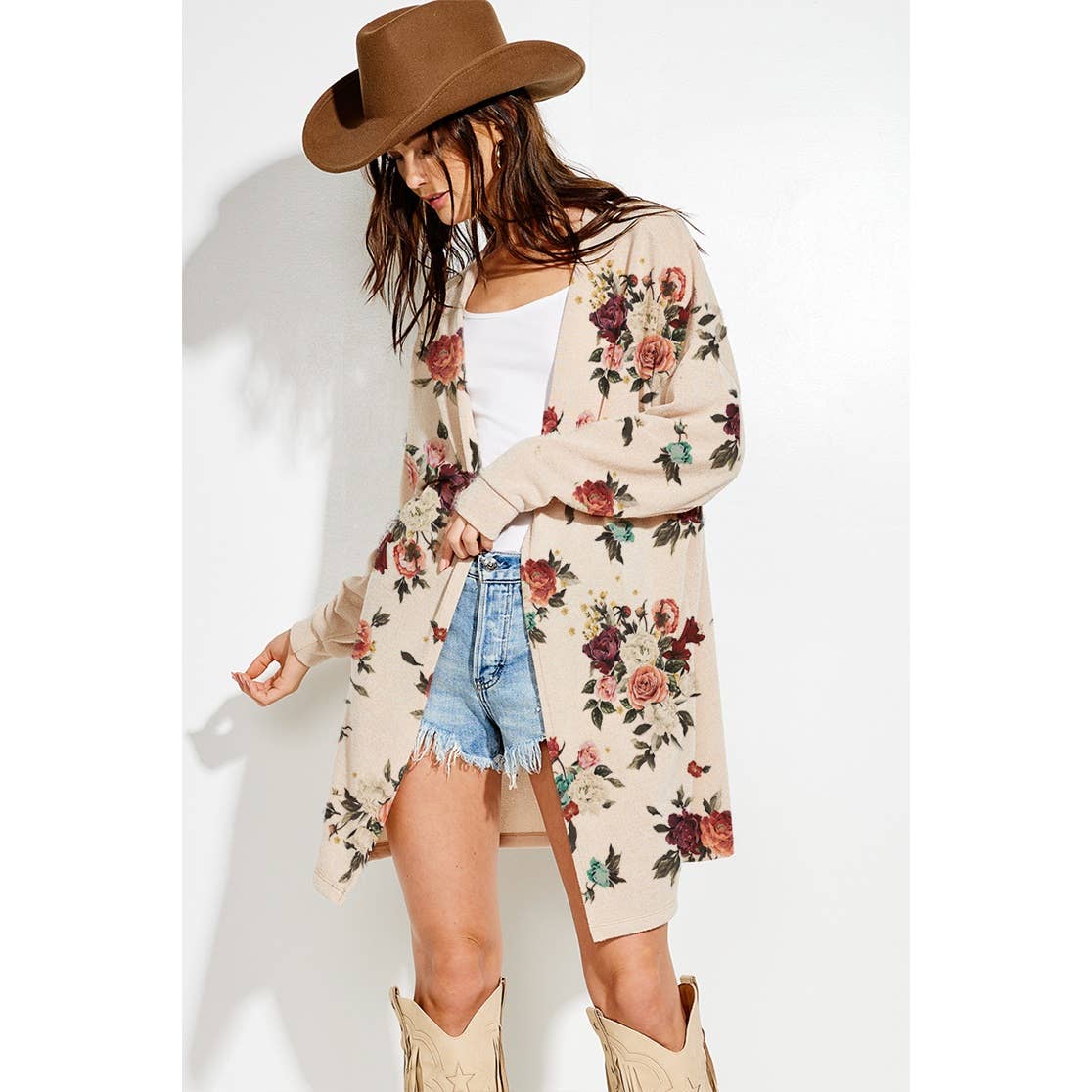 Floral print Knit casual style Cardigan: KHAKI / S