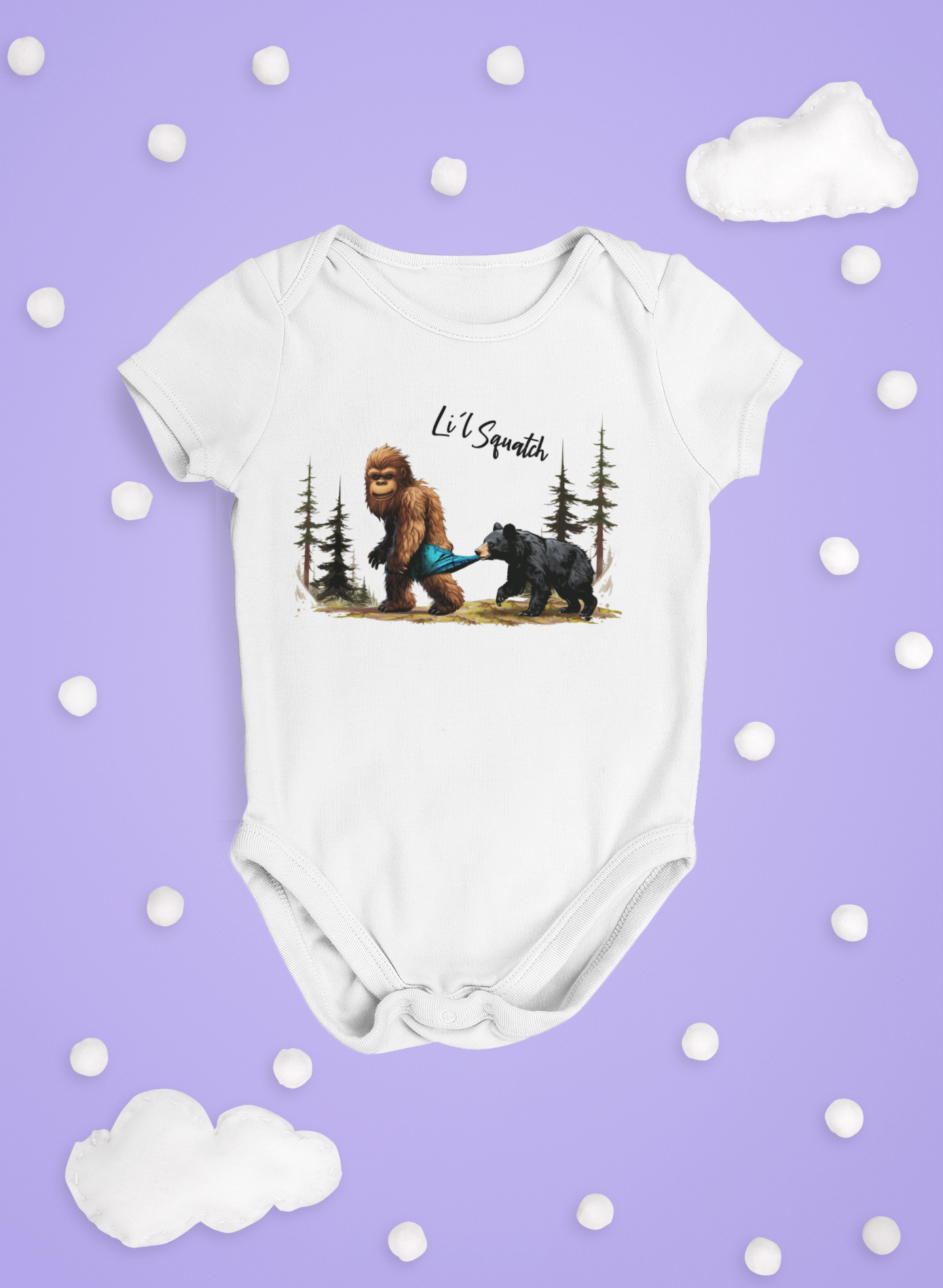 Li'l Squatch & bear one piece bodysuit onesie for babies: White / 3-6 mo