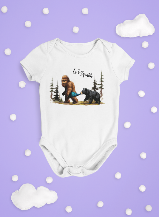 Li'l Squatch & bear one piece bodysuit onesie for babies: White / 9-12 mo