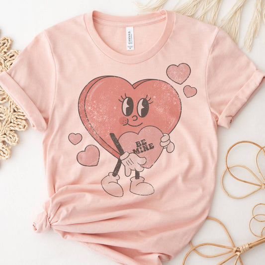 Be Mine Candy Heart Valentine Tee Vintage Smiley Vday TShirt: Peach / Small Unisex