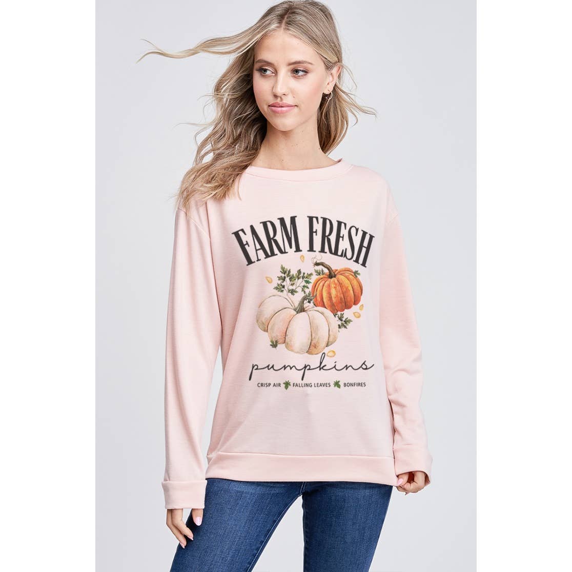 Fall pumpkin print french terry sweatshirt: IVORY / L