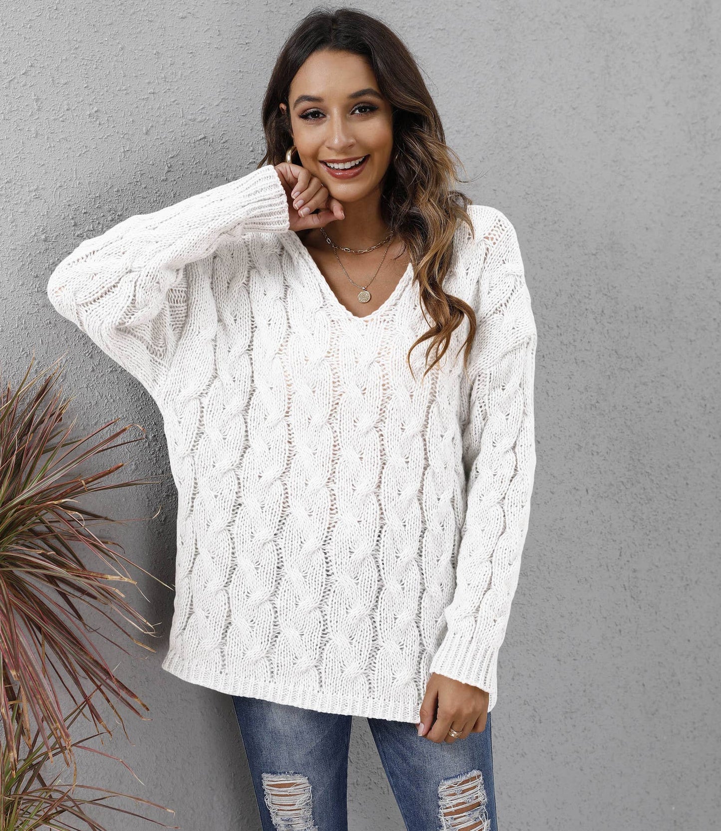 Thick twist knit V-neck hooded pullover sweater: WINE / (L) 1