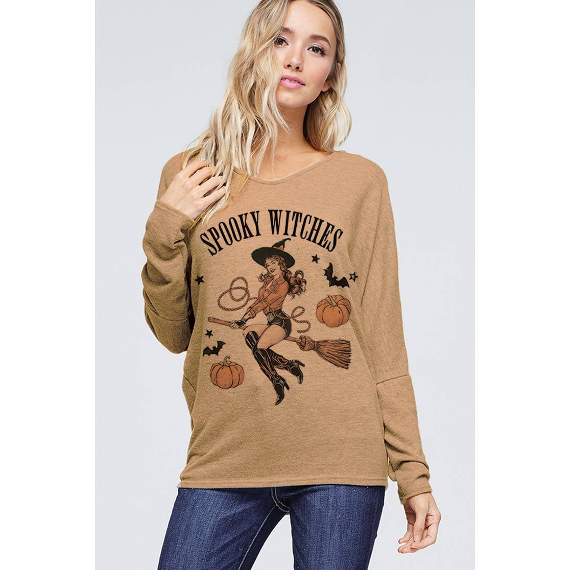 Spooky witches print back lace up top: KHAKI / L