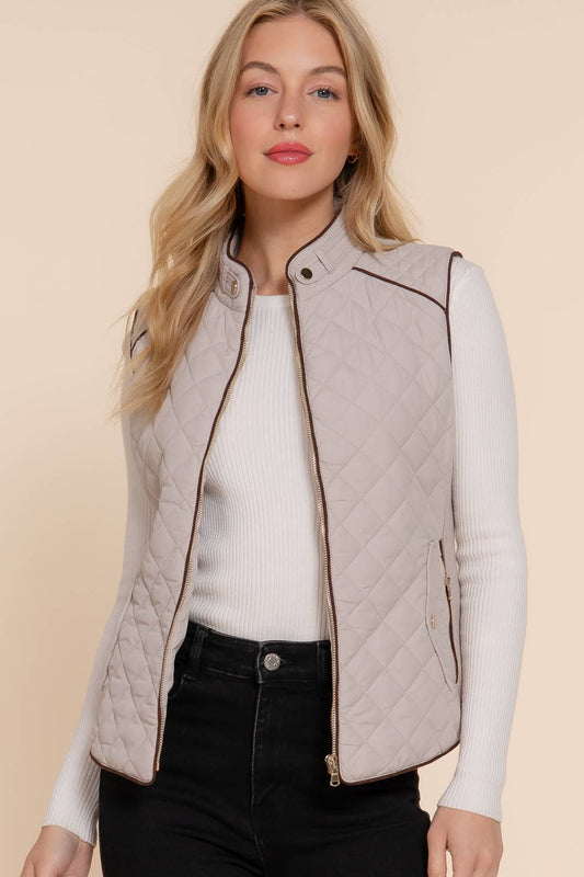 Suede Piping Detail Rib Quilted Padding Vest: TPE-pale taupe / M