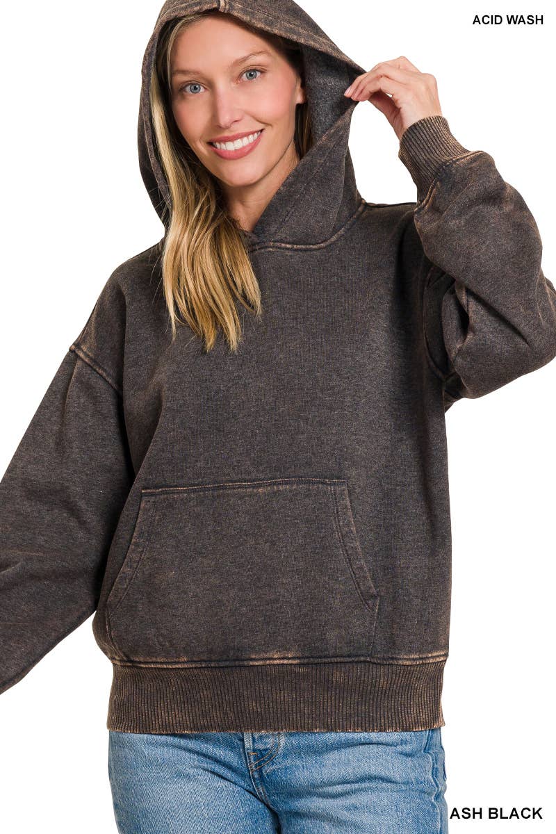 Fleece Acid Wash Kangaroo Pocket Hoodie: ASH BLACK / 2-2-2 (S-M-L)