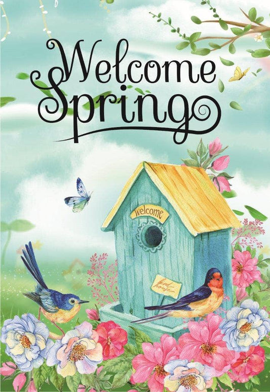 Spring Birdhouse Garden Flag 12in by 18in