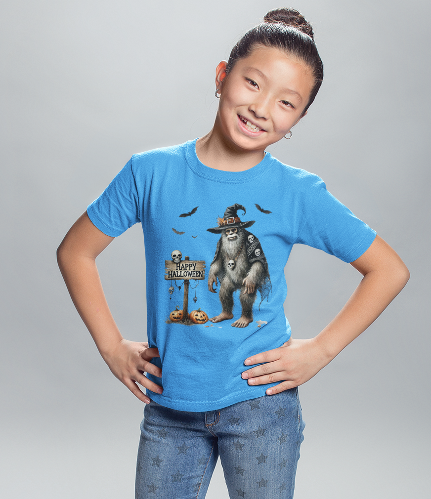 Witch Bigfoot Halloween tshirt (blue): Sm