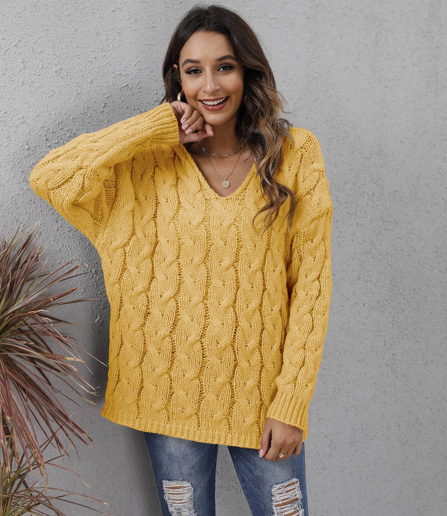 Thick twist knit V-neck hooded pullover sweater: Yellow / (S) 1