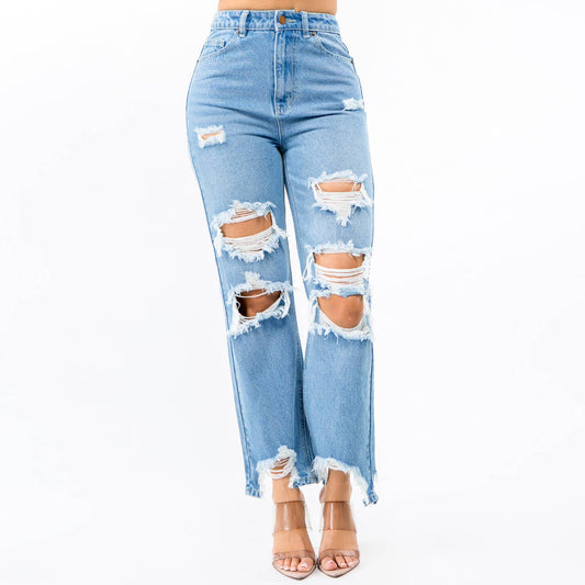 HIGH WAIST DISTRESSED WIDE LEG JEANS-RJH5509: BLUE / 7