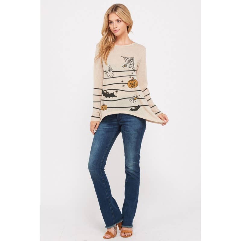 Halloween knit long sleeve side tail top: KHAKI / L