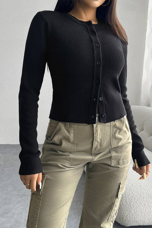 CWOCAL0901_SOLID COLOR LONG SLEEVE CARDIGAN KNITTED SWEATER: BLACK / (XL) 1