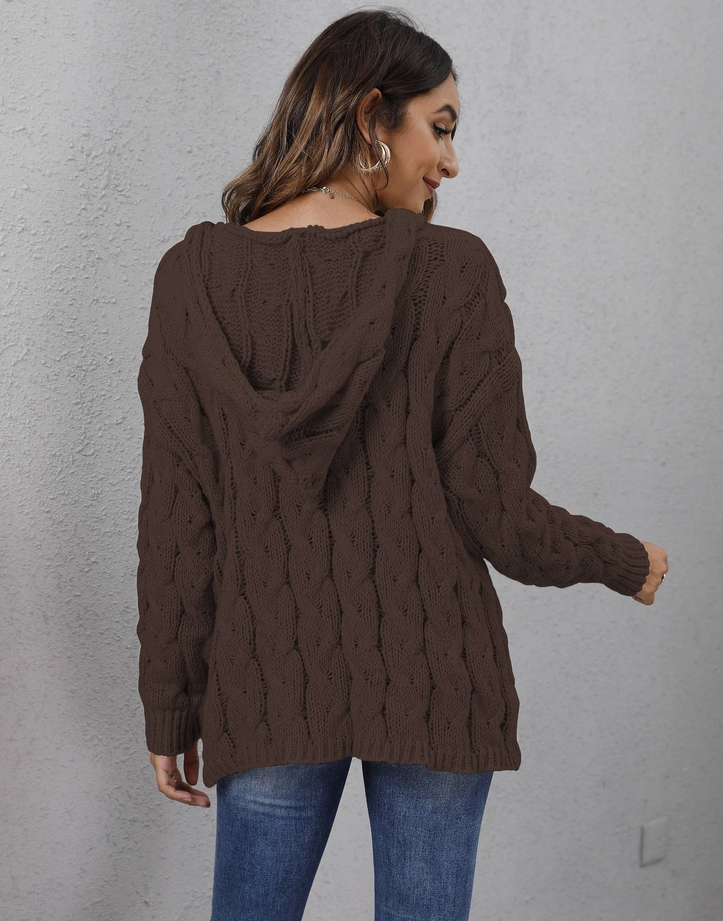 Thick twist knit V-neck hooded pullover sweater: WINE / (XL) 1