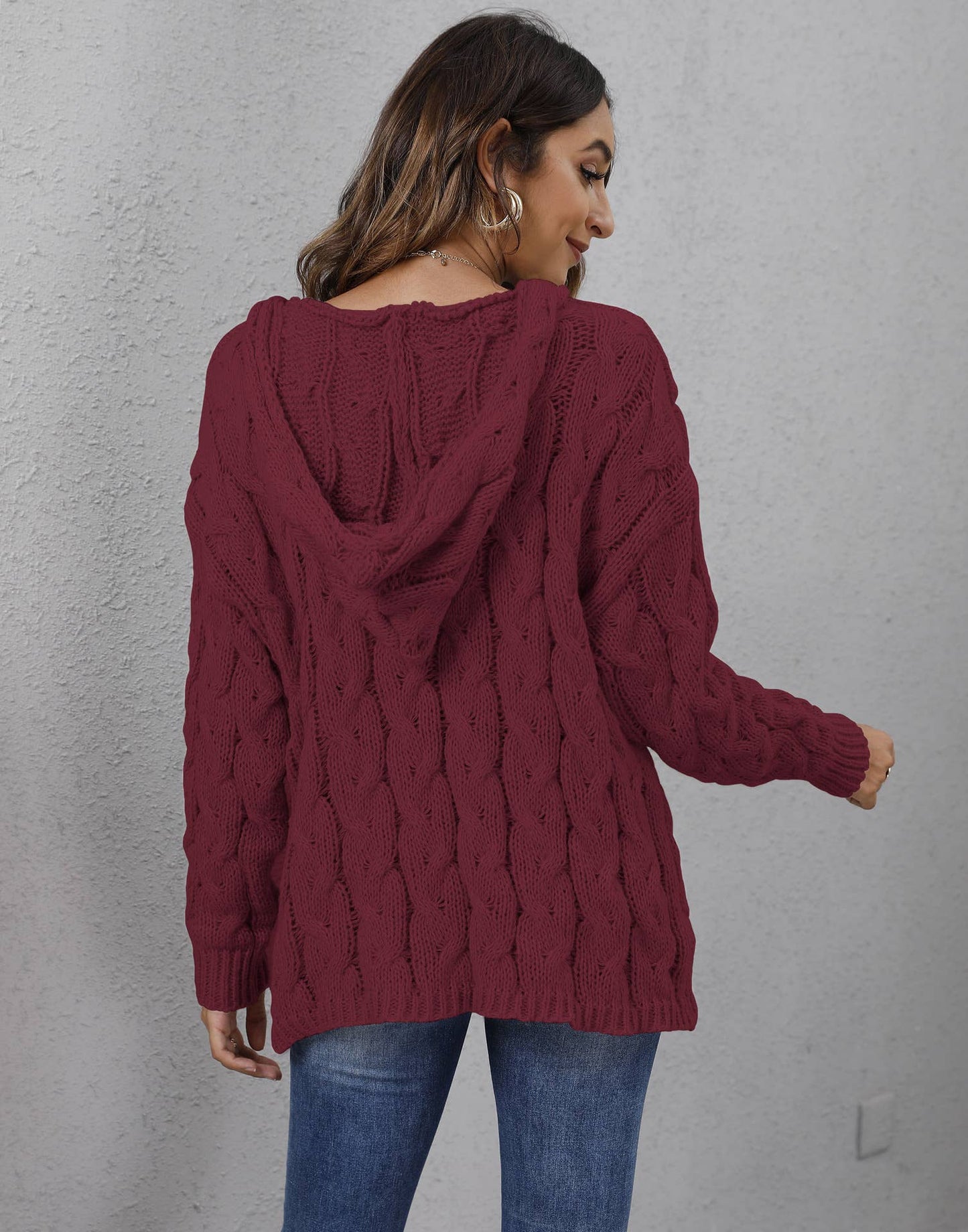 Thick twist knit V-neck hooded pullover sweater: WINE / (S) 1