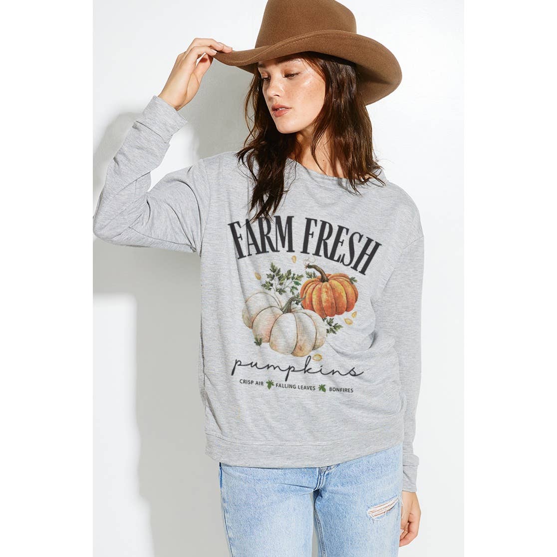 Fall pumpkin print french terry sweatshirt: IVORY / L