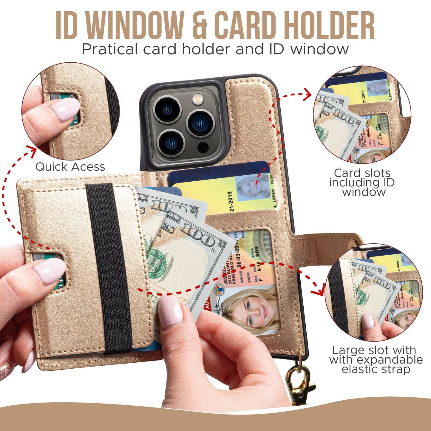 IPhone 13 - Crossbody Cell Phone Faux Leather Wallet w/Credi: Rose Gold