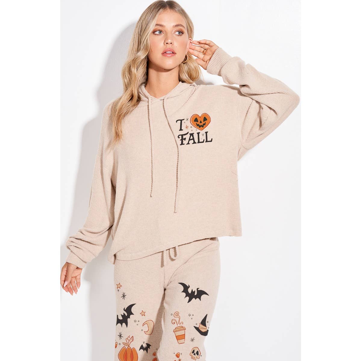 Halloween print rib Hoodie loungewear set  p: IVORY / S